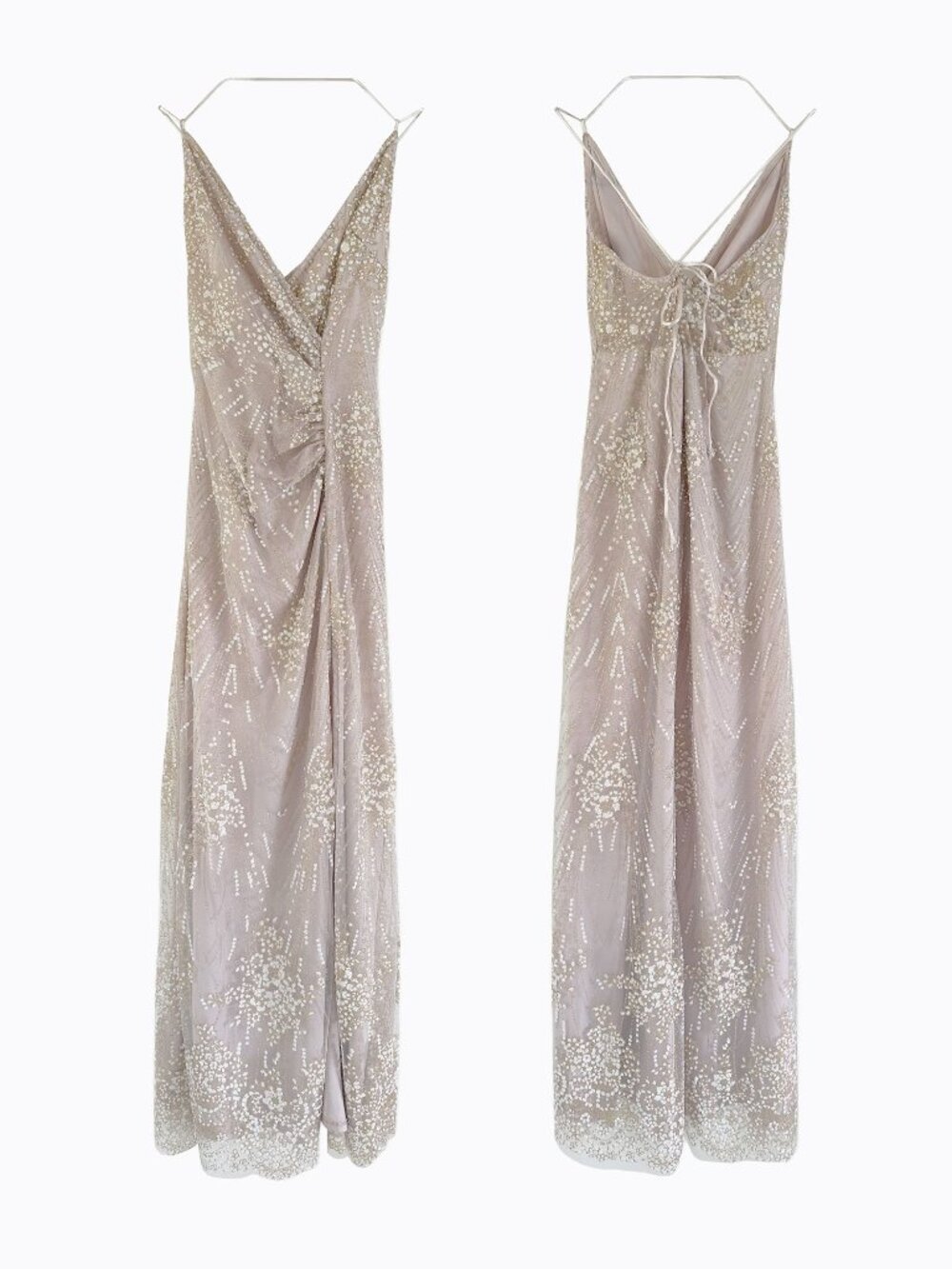 Showpo Pink Gold Glitter Lace Maxi Dress XS V-Neck Formal Prom Split Slit Fairy